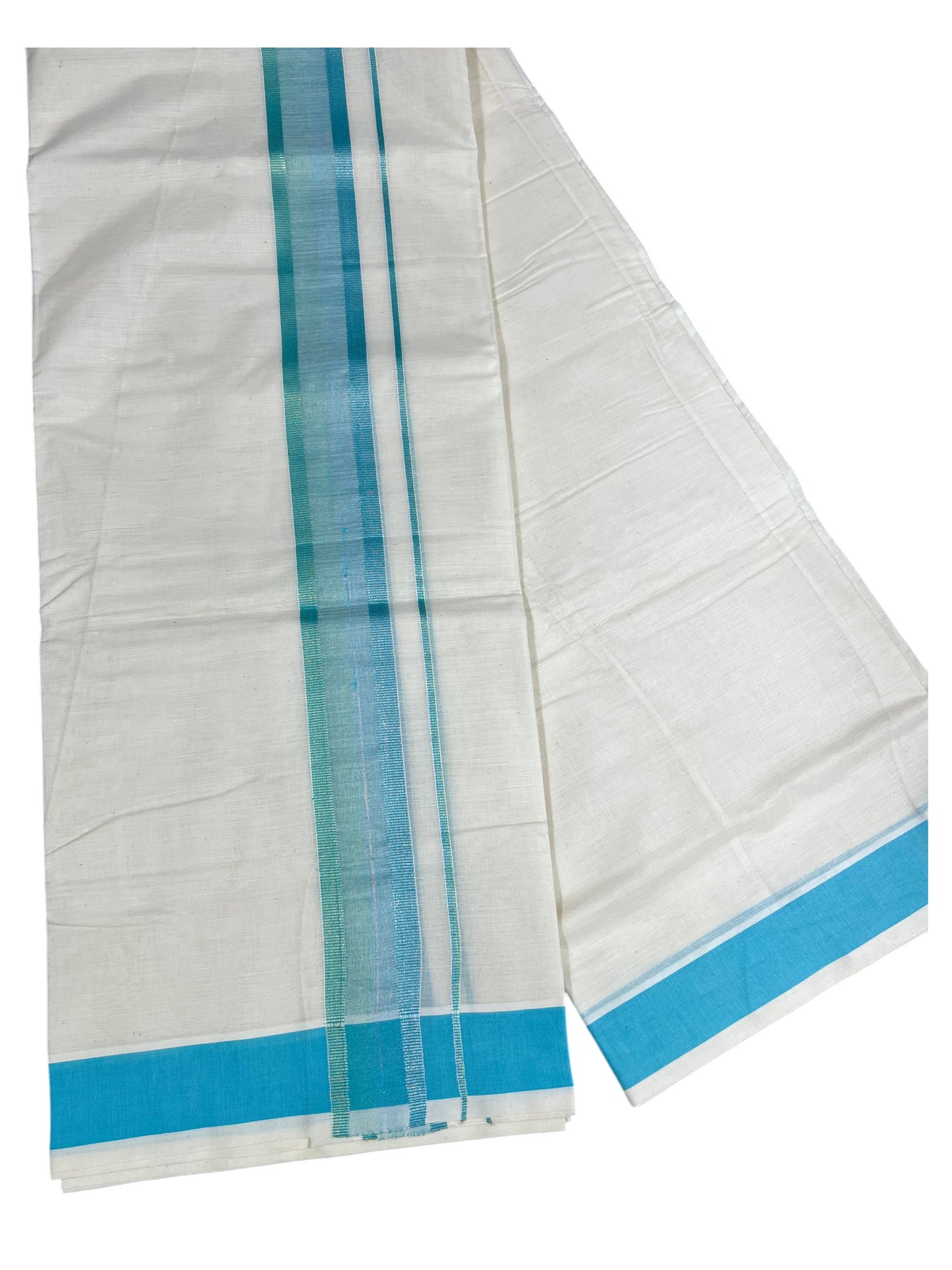 Southloom Kerala Pure Cotton Double Mundu with Blue Border (South Indian Dhoti)
