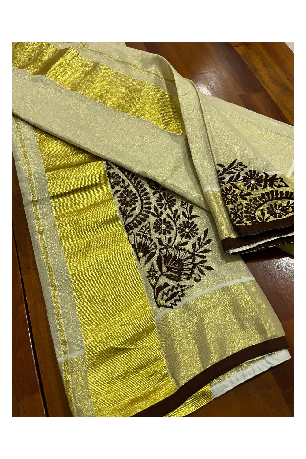 Kerala Tissue Kasavu Set Mundu (Mundum Neriyathum) with Handwork Embroidery Design and Brown Blouse Piece