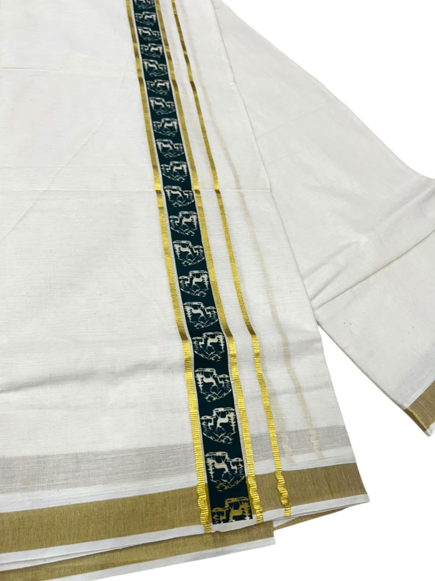 Southloom Pure Cotton Double Mundu with Green Block Printed And Ksavu Border (South Indian Kerala Dhoti)