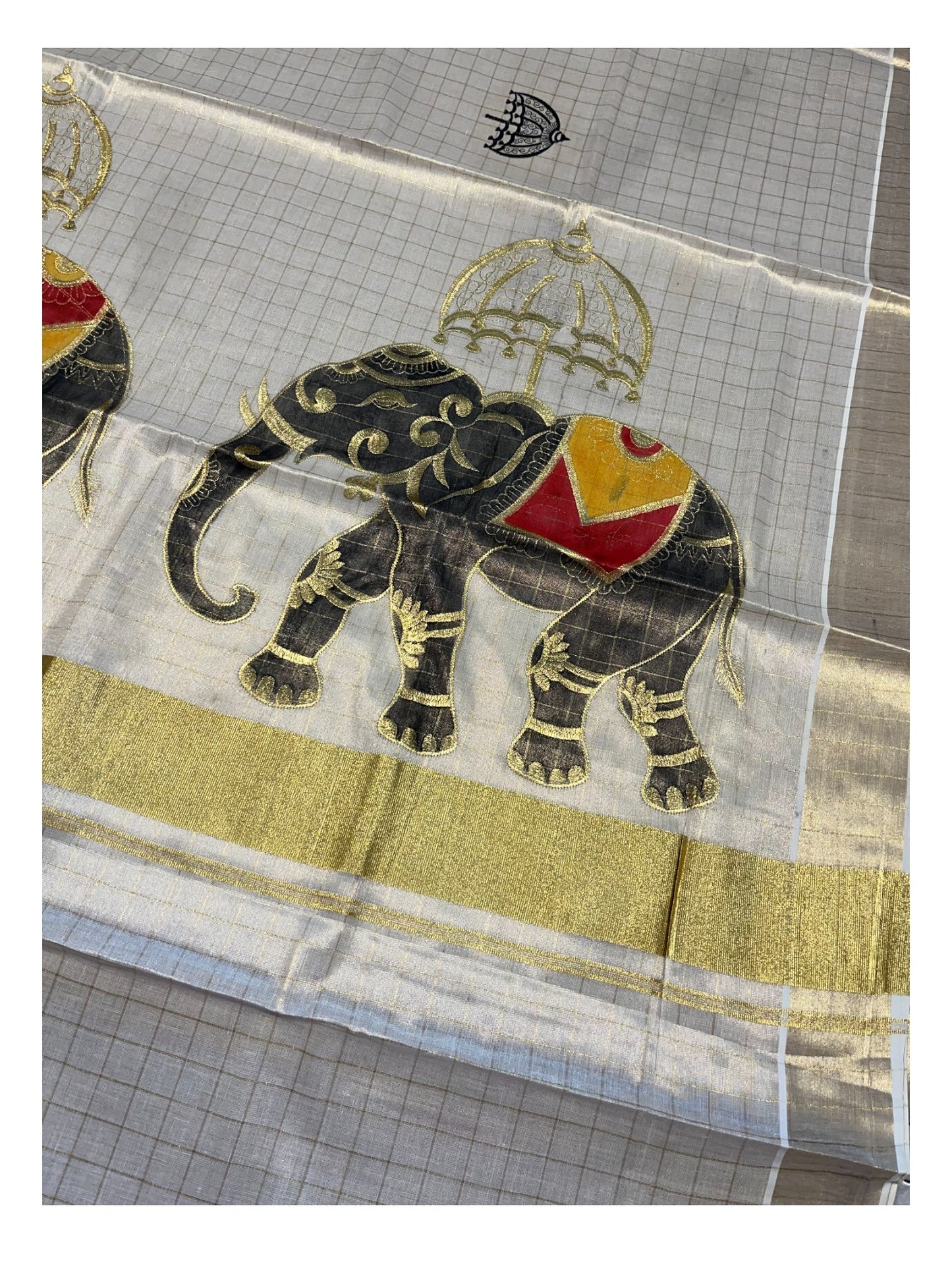 Southloom Kerala Tissue Kasavu Cheack Saree with Embroidery Wor in Elephant Print