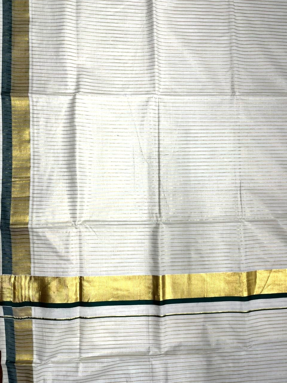 Southloom Pure Cotton Kerala Saree with Gold Kasavu Lines Across Body and Dark GreenBorder