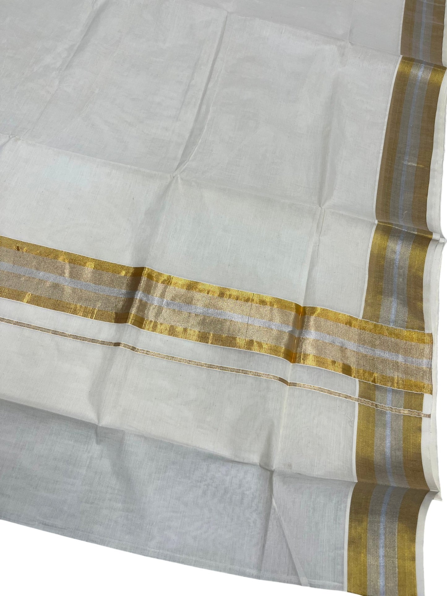 Southloom Pure Cotton Kerala Saree with Gold and Silver Kasavu Border in 3 inch