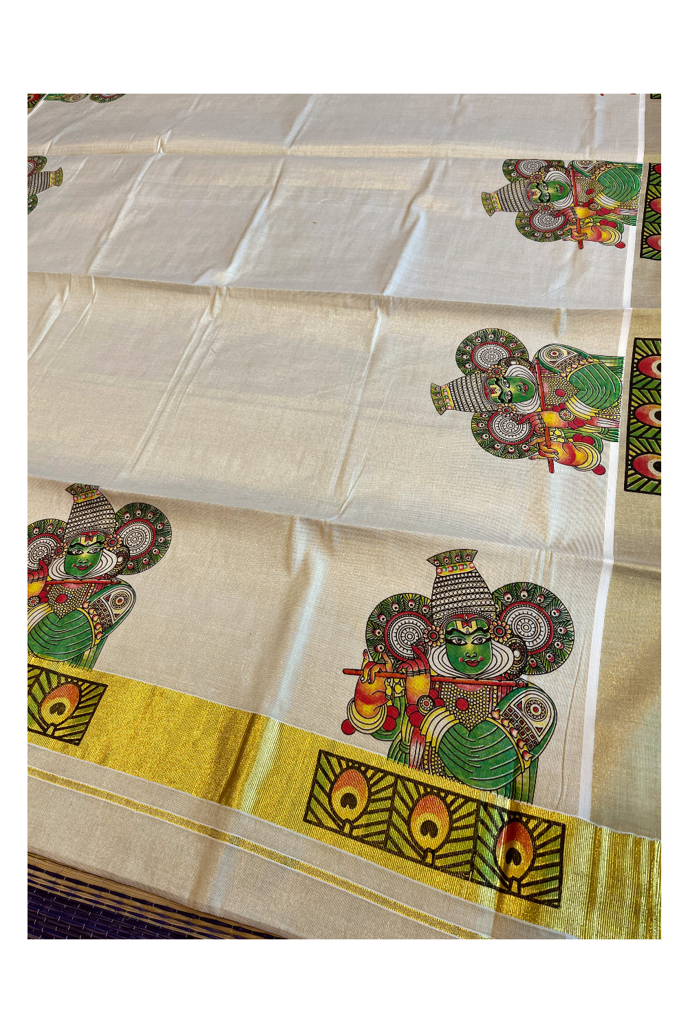 Kerala Tissue Kasavu Saree with Kathakali Mural Prints on Border and Pallu