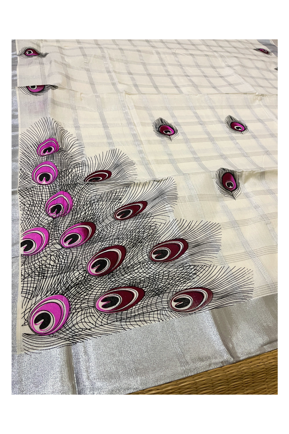 Pure Cotton Kerala Saree with Silver Kasavu Check Designs and Magenta Feather Block Printed Body (Onam Saree 2023)