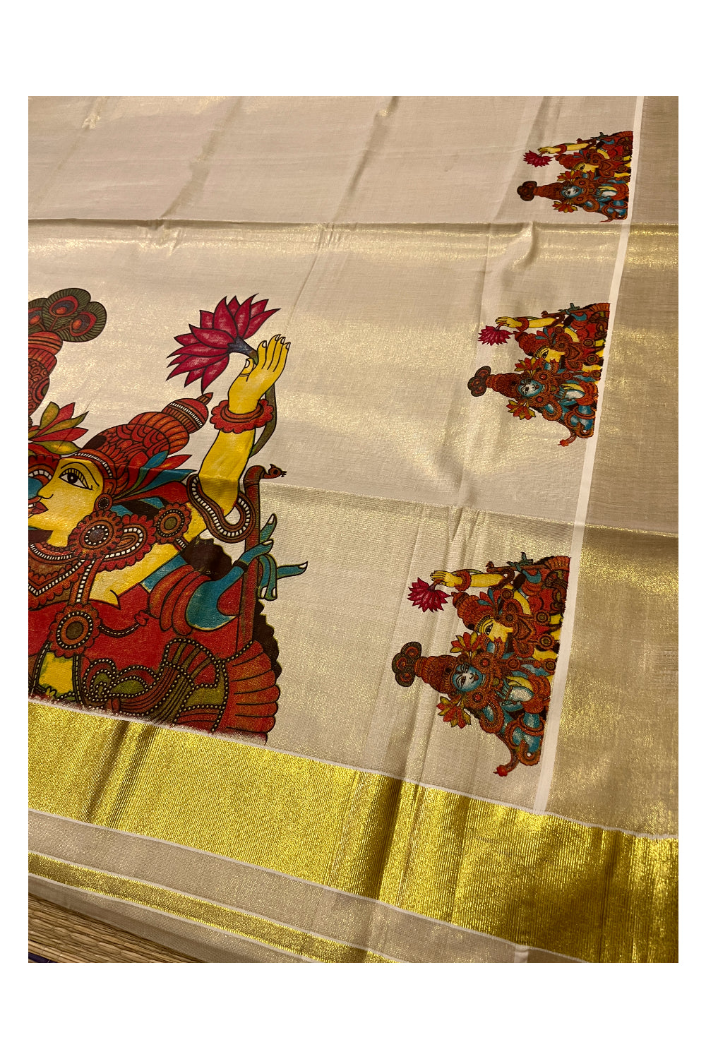 Kerala Tissue Kasavu Saree with Krishna Radha Mural Printed Design