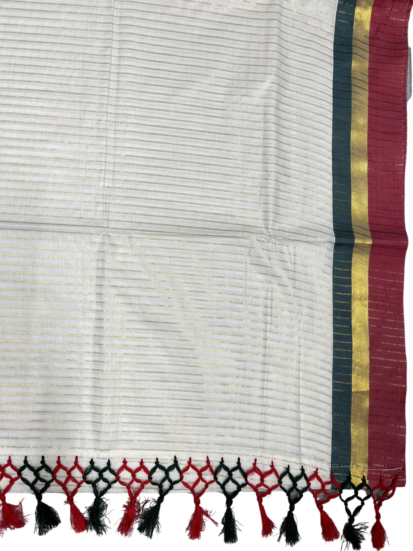 Southloom Cotton Kerala Kasavu Saree with Stripes on Body and Red & Green Border with Tussels