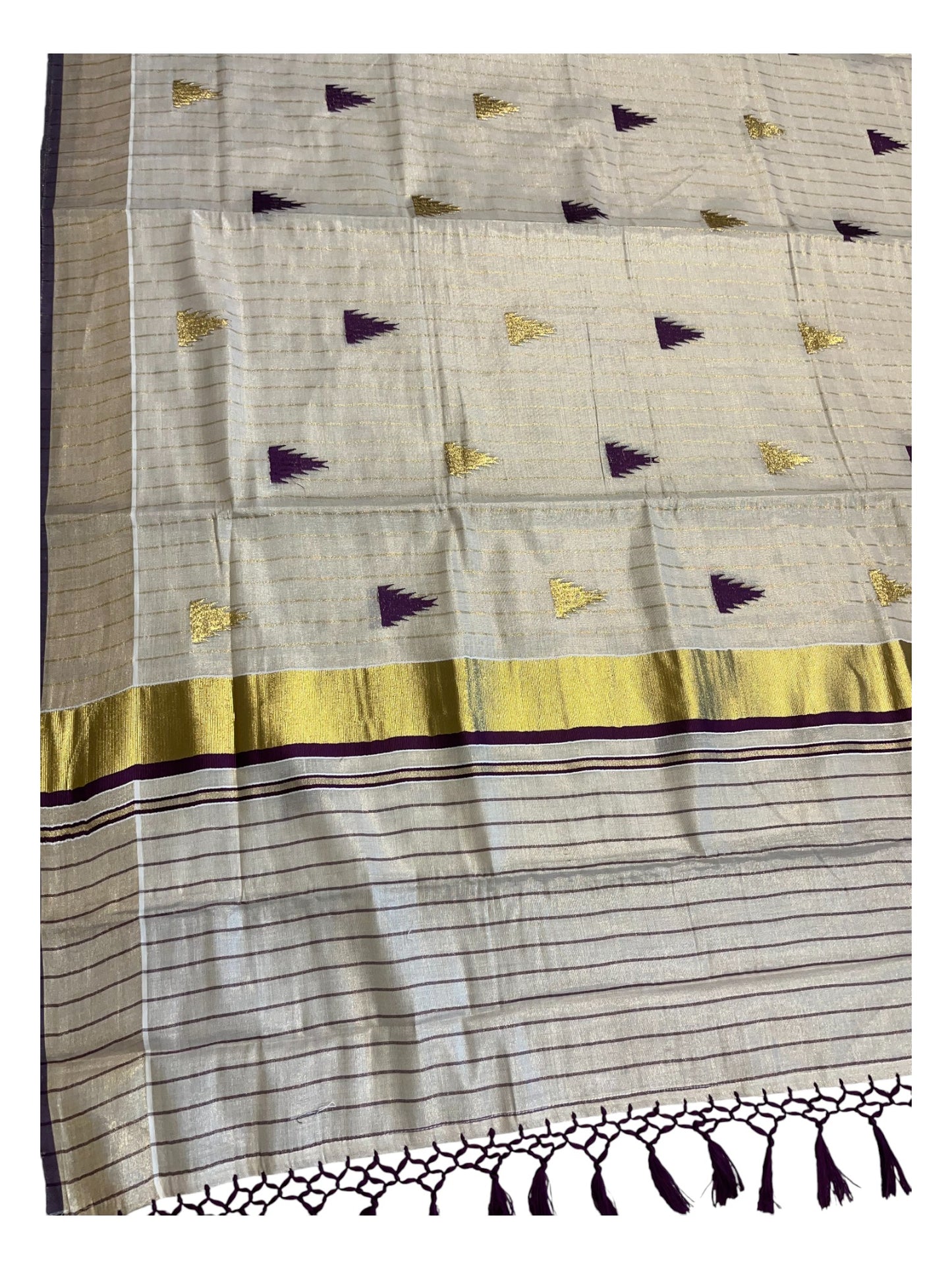 Southloom Kerala Tissue Kasavu Line Saree with Purple Temple Embroidery Works