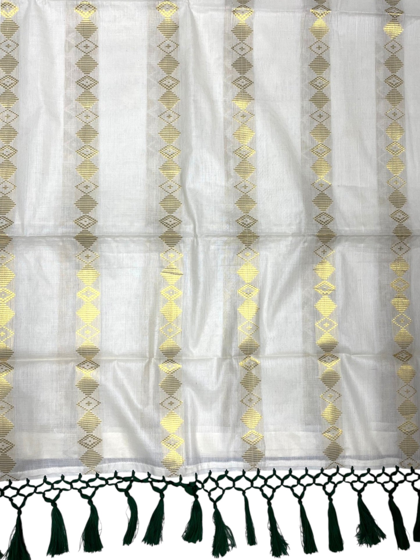 Southloom Kerala Cotton Kasavu Saree with Stripes on Body and Green Tussels