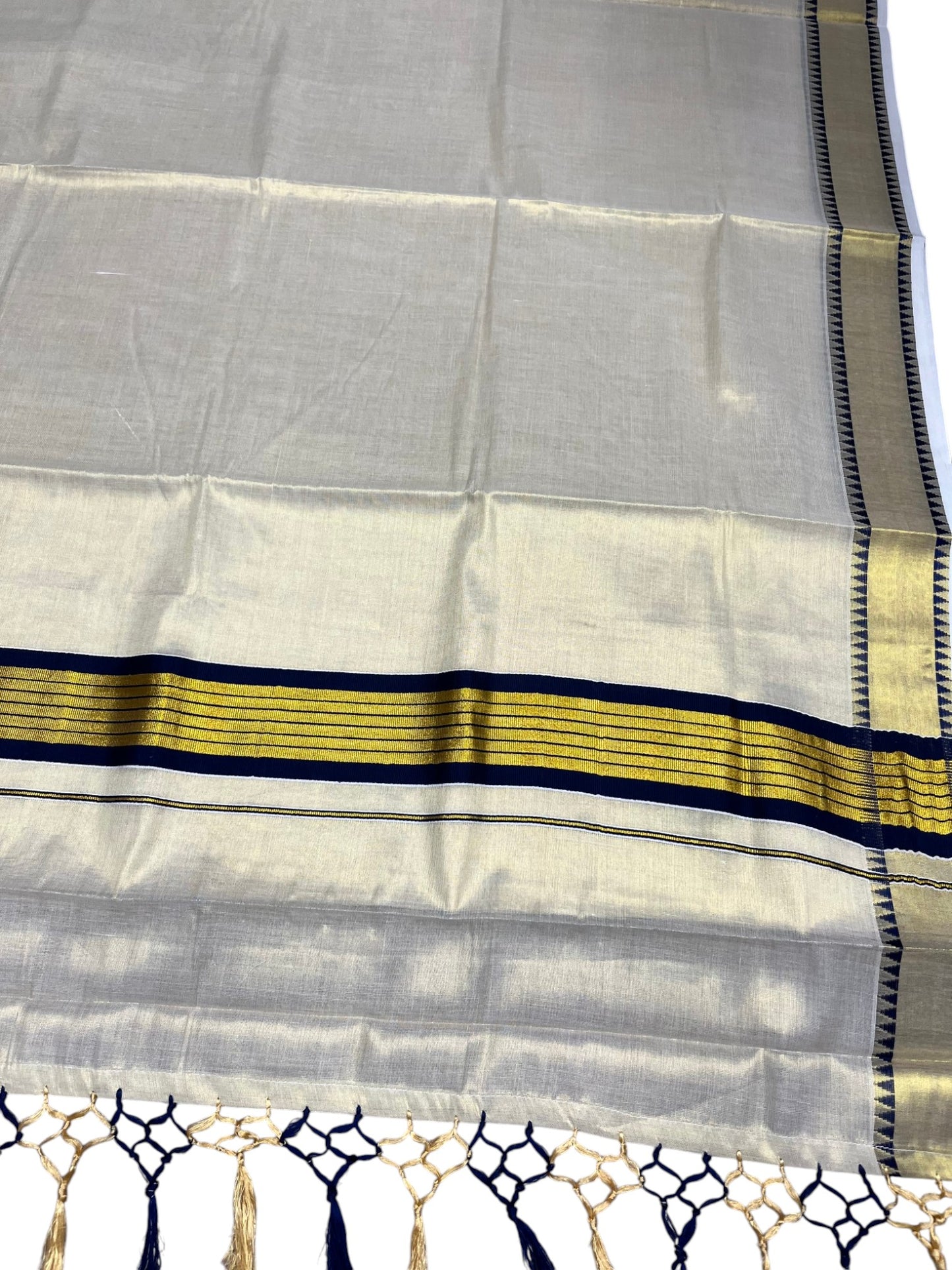 Southloom Kerala Tissue Kasavu Saree With Blue Temple Woven Works on Border SL365