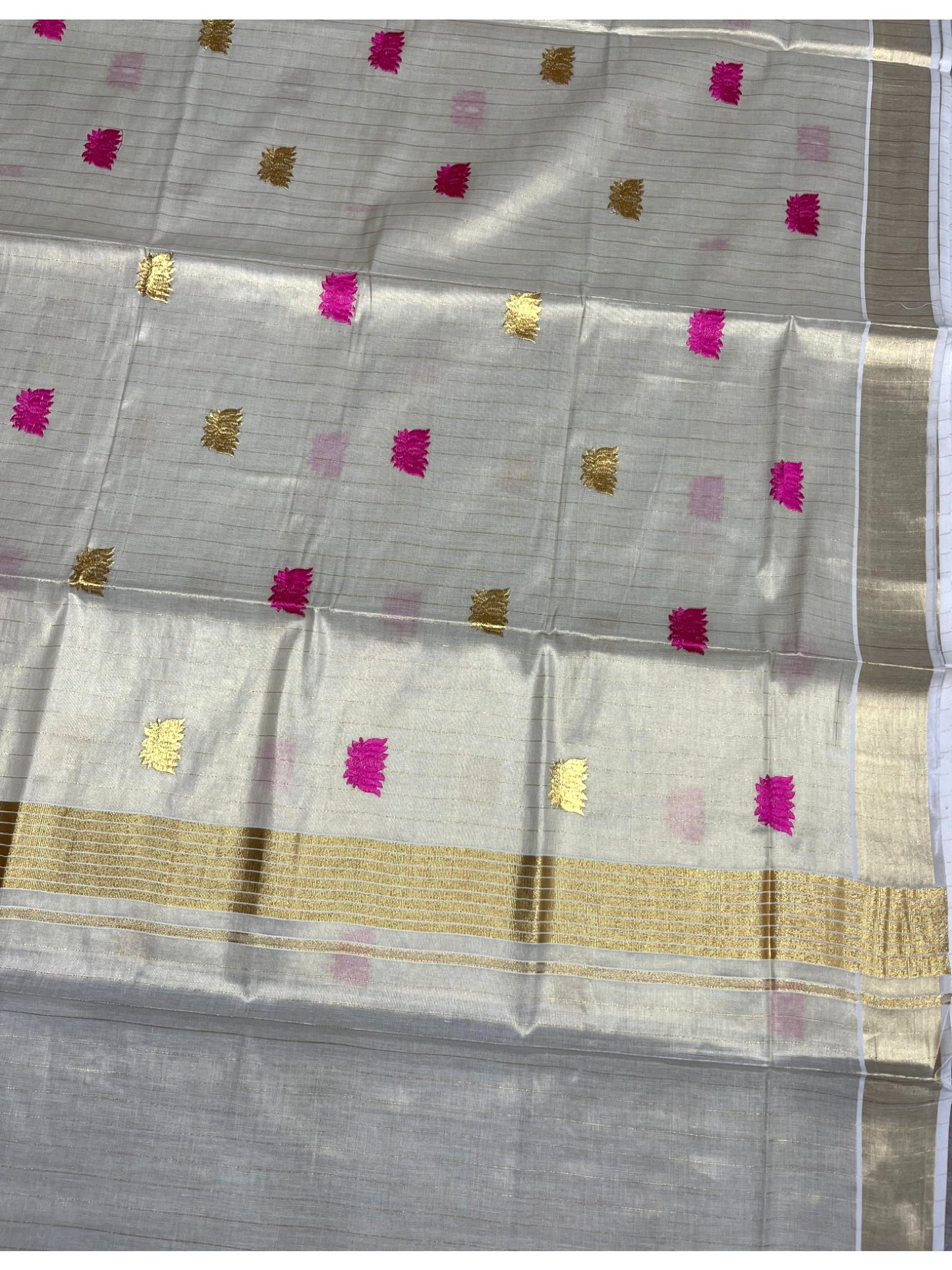 Southloom Kerala Tissue Kasavu Saree with Pink& Gold Lotus Embroidery Works