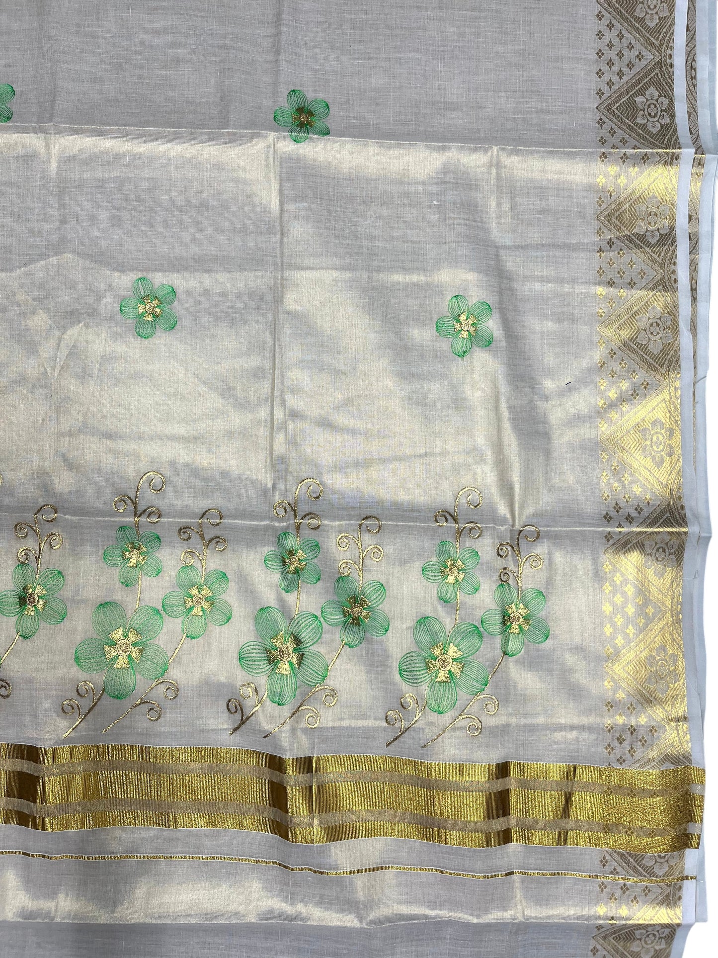Southloom Kerala Tissue Kasavu Saree with Green Floral Embroidery Work on Body