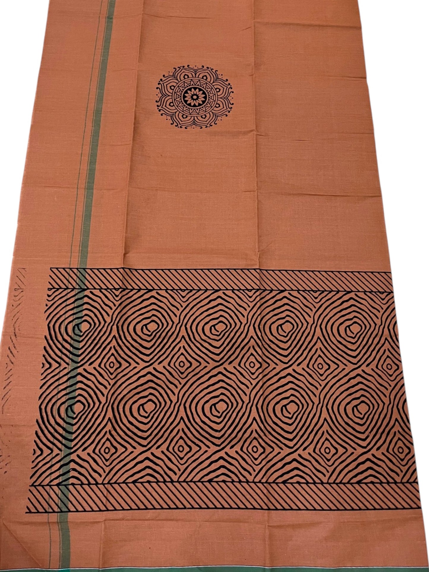 Southloom Saffron (Kaavi) Black Printed Single Mundu / Lungi (South Indian Kerala Dhoti) SL319