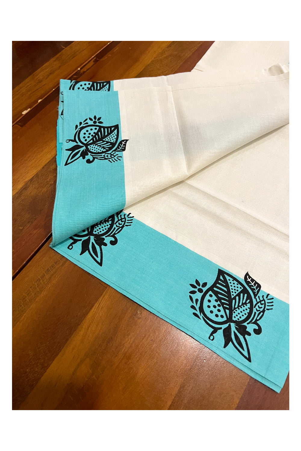 Kerala Pure Cotton Set Mundu (Mundum Neriyathum) with Block Printed Turquoise Border