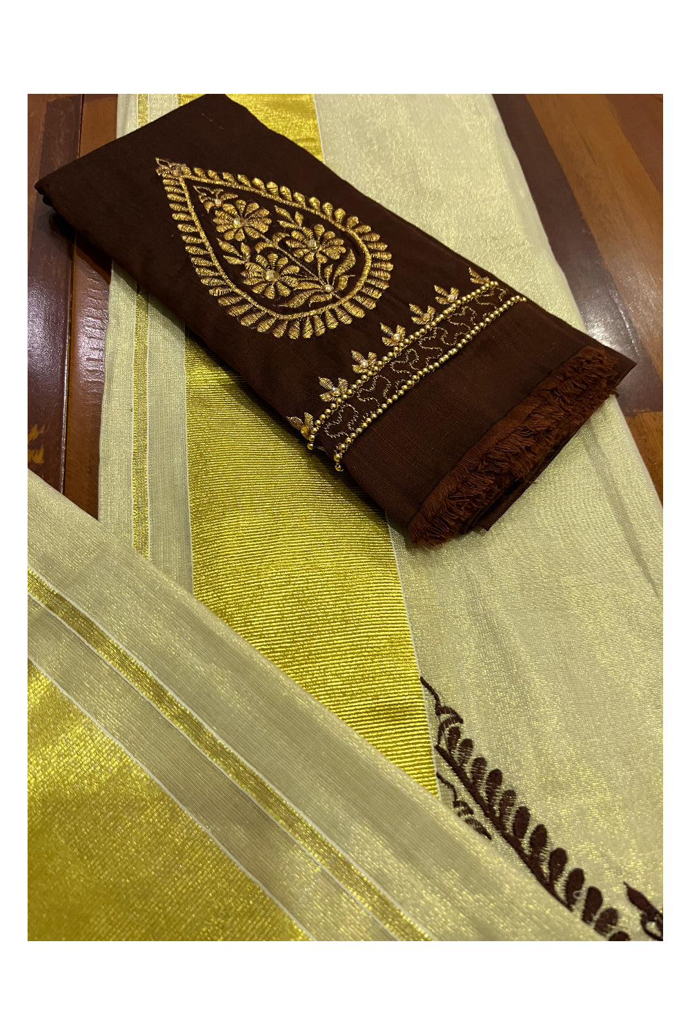 Kerala Tissue Kasavu Set Mundu (Mundum Neriyathum) with Handwork Embroidery Design and Brown Blouse Piece