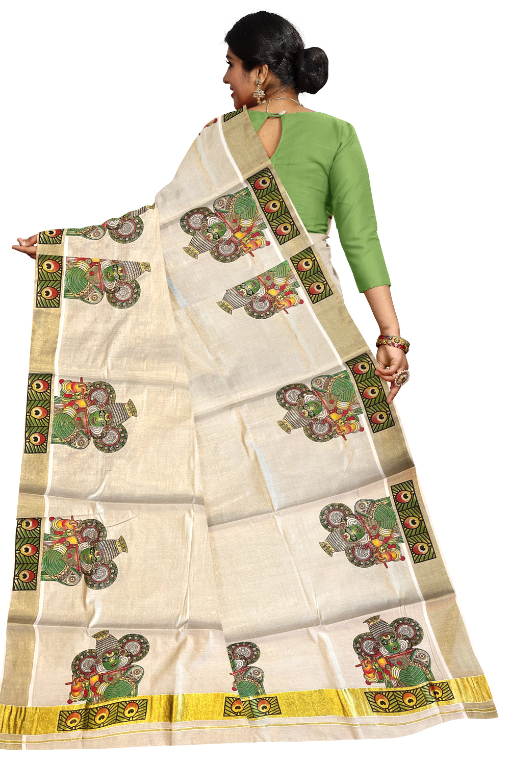 Kerala Tissue Kasavu Saree with Kathakali Mural Prints on Border and Pallu