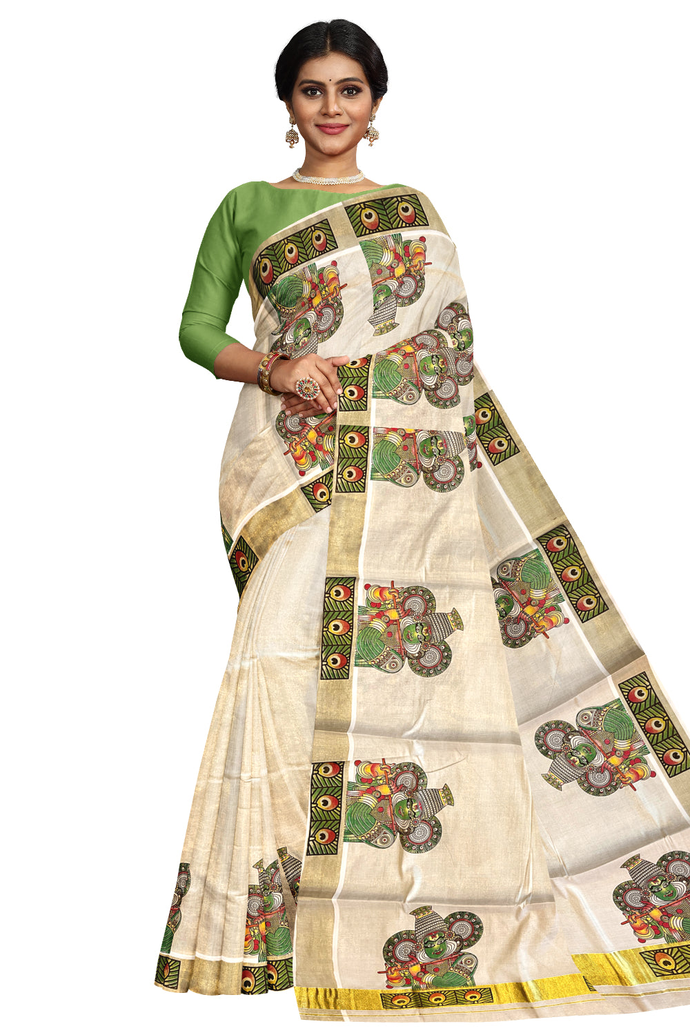 Kerala Tissue Kasavu Saree with Kathakali Mural Prints on Border and Pallu