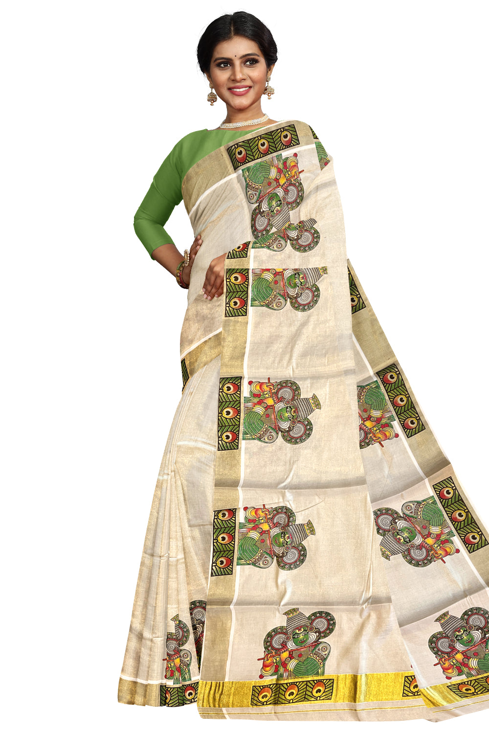 Kerala Tissue Kasavu Saree with Kathakali Mural Prints on Border and Pallu