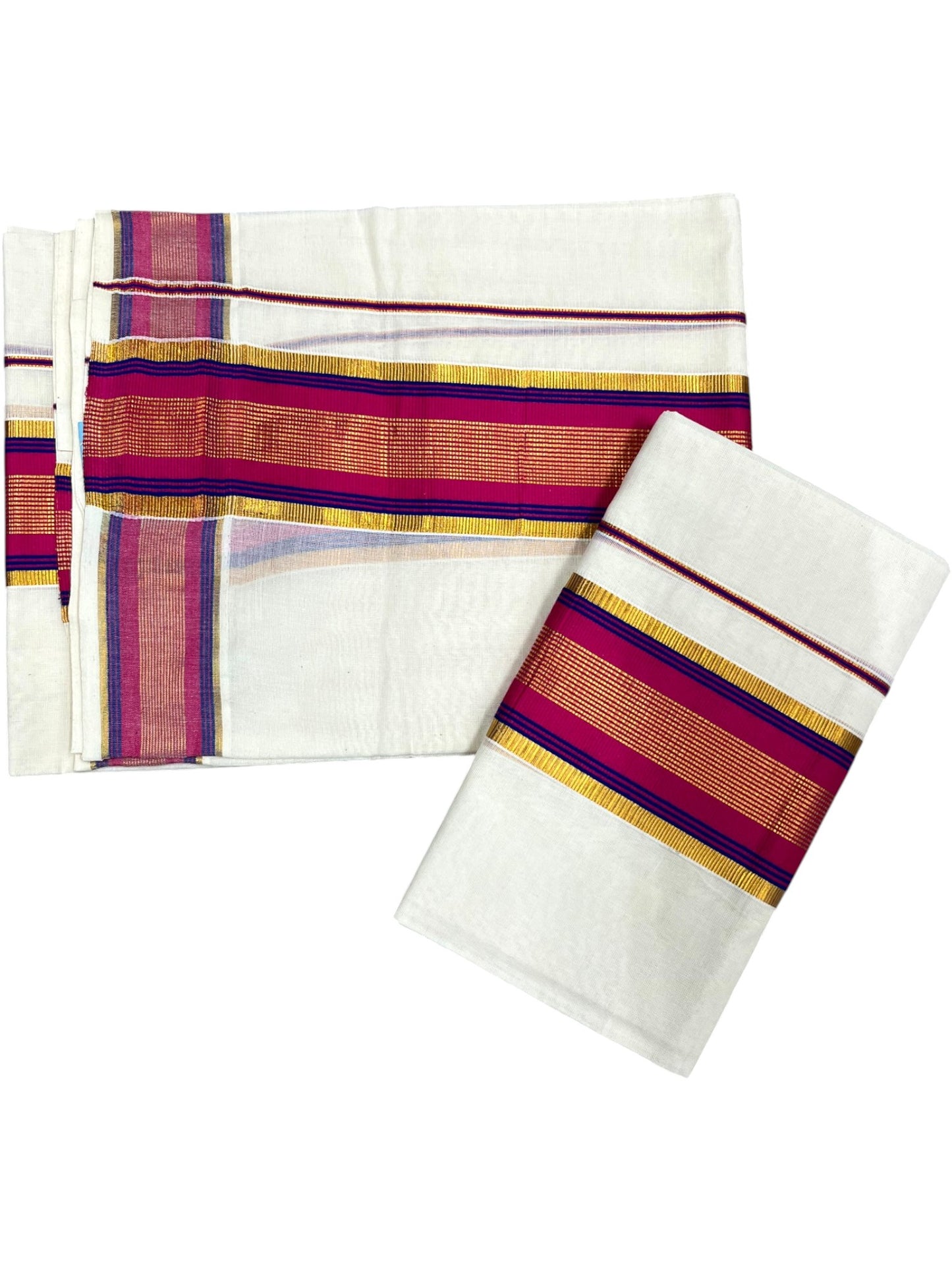 Kerala Cotton Set Mundu (Mundum Neriyathum) with Kasavu and Dark Pink& Blue Border in 2.80 Mtrs SLKK SL470