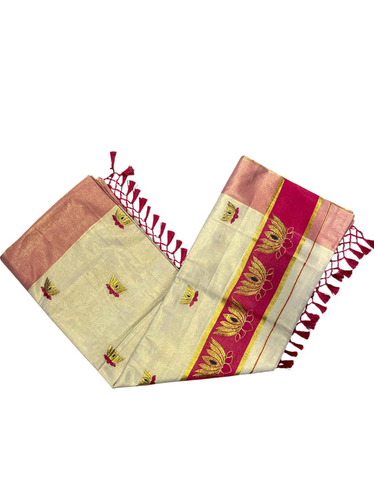Southloom Kerala Tissue Kasavu Saree with Magenta And Golden Lotus Embroidary Works on Body