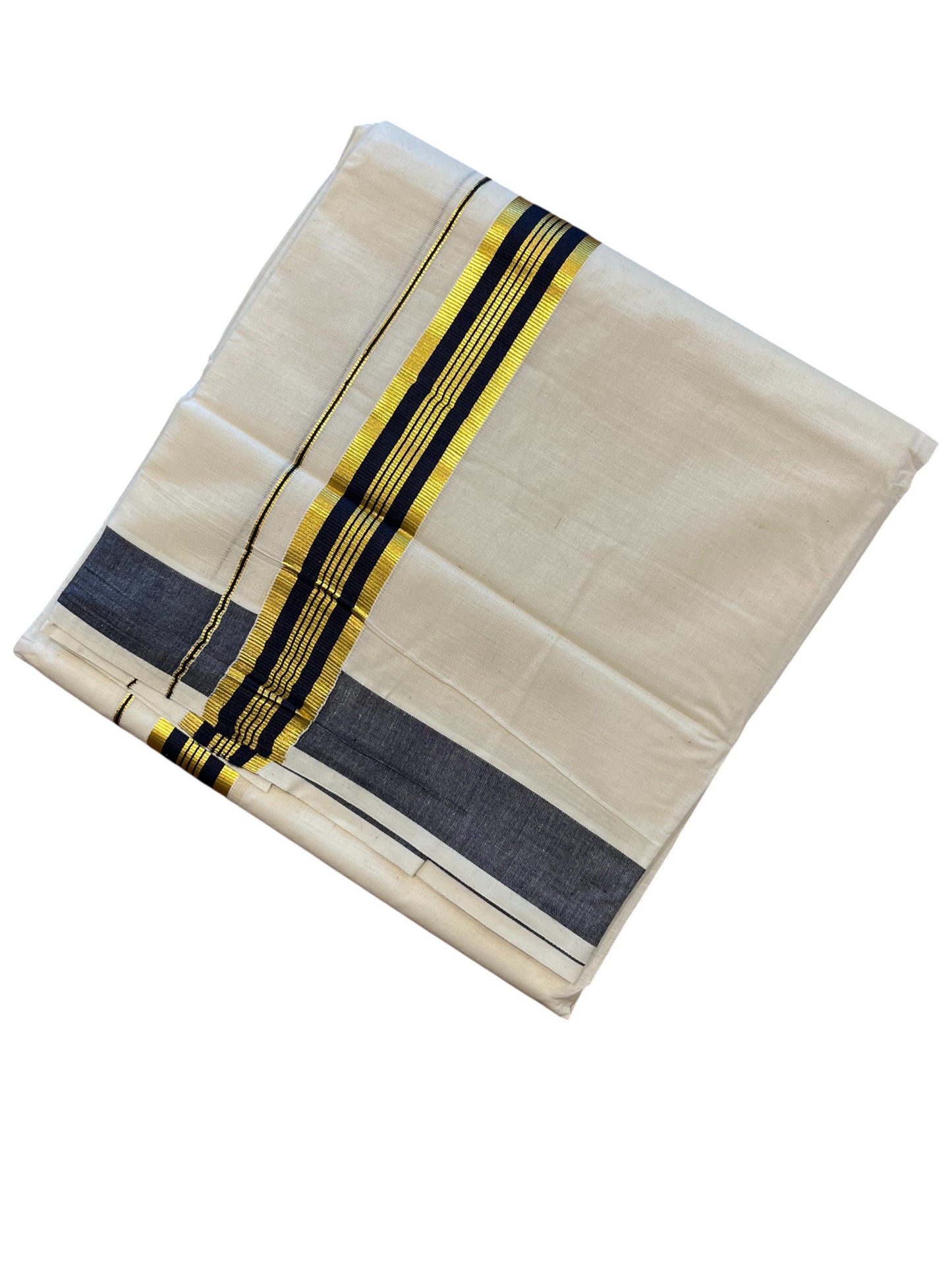 Southloom Pure Cotton Mundu with Gold Kasavu and  Dark Blue Border (South Indian Kerala Dhoti)