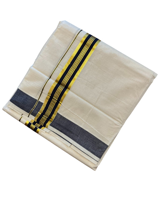 Southloom Pure Cotton Mundu with Gold Kasavu and  Dark Blue Border (South Indian Kerala Dhoti)