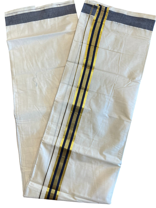 Southloom Pure Cotton Mundu with Gold Kasavu and  Dark Blue Border (South Indian Kerala Dhoti)