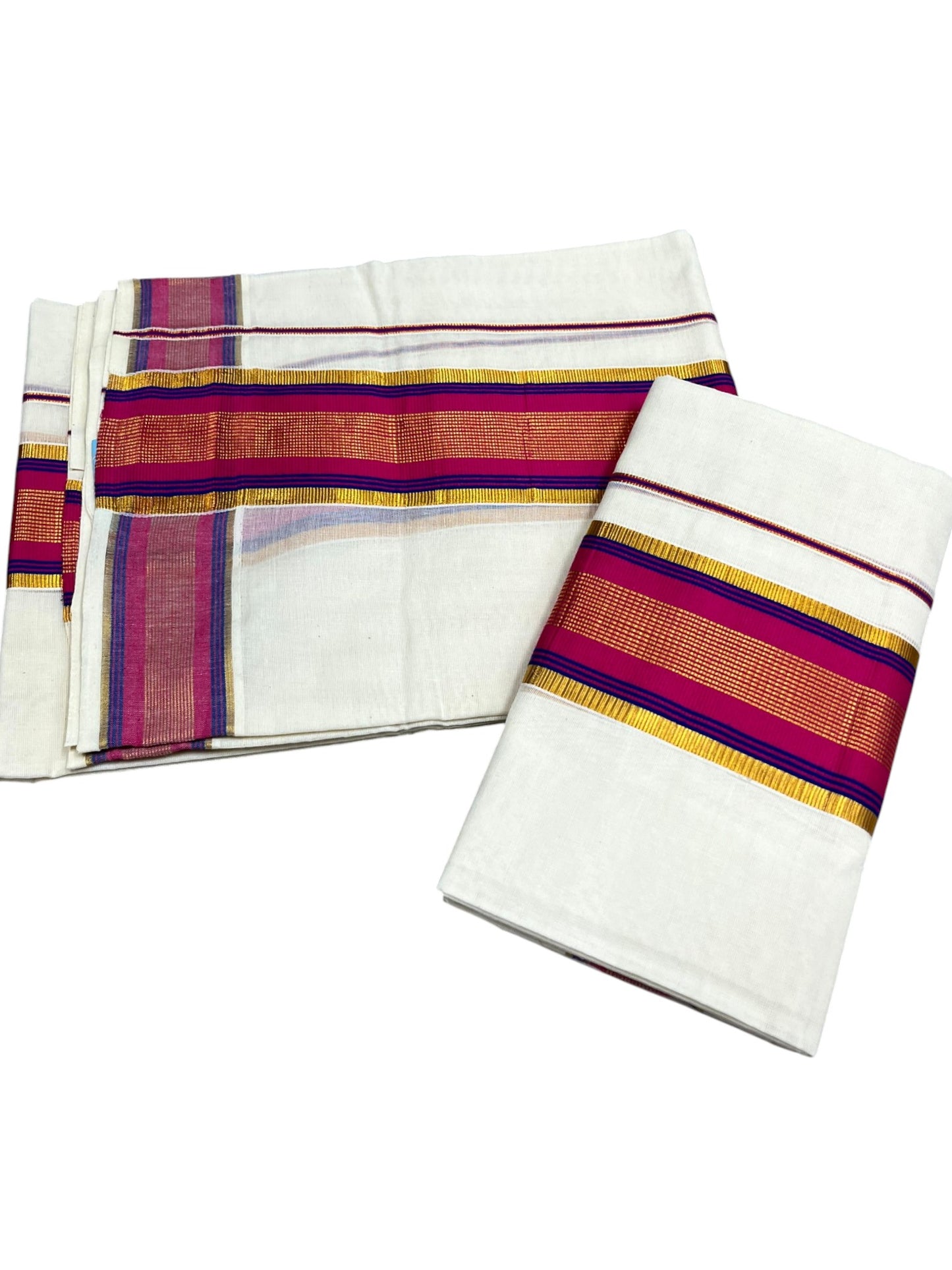 Kerala Cotton Set Mundu (Mundum Neriyathum) with Kasavu and Dark Pink& Blue Border in 2.80 Mtrs SLKK SL470