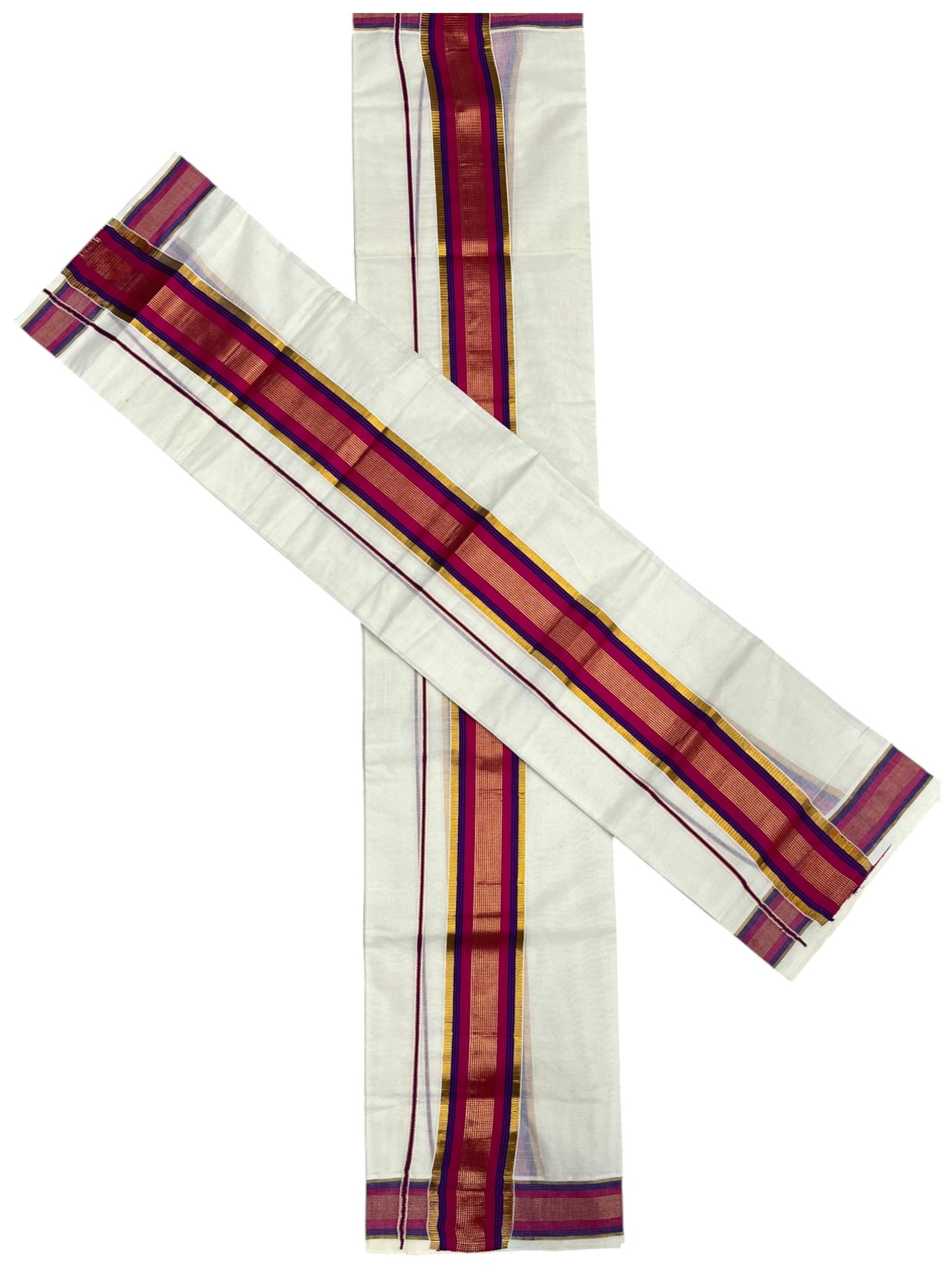 Kerala Cotton Set Mundu (Mundum Neriyathum) with Kasavu and Dark Pink& Blue Border in 2.80 Mtrs SLKK SL470