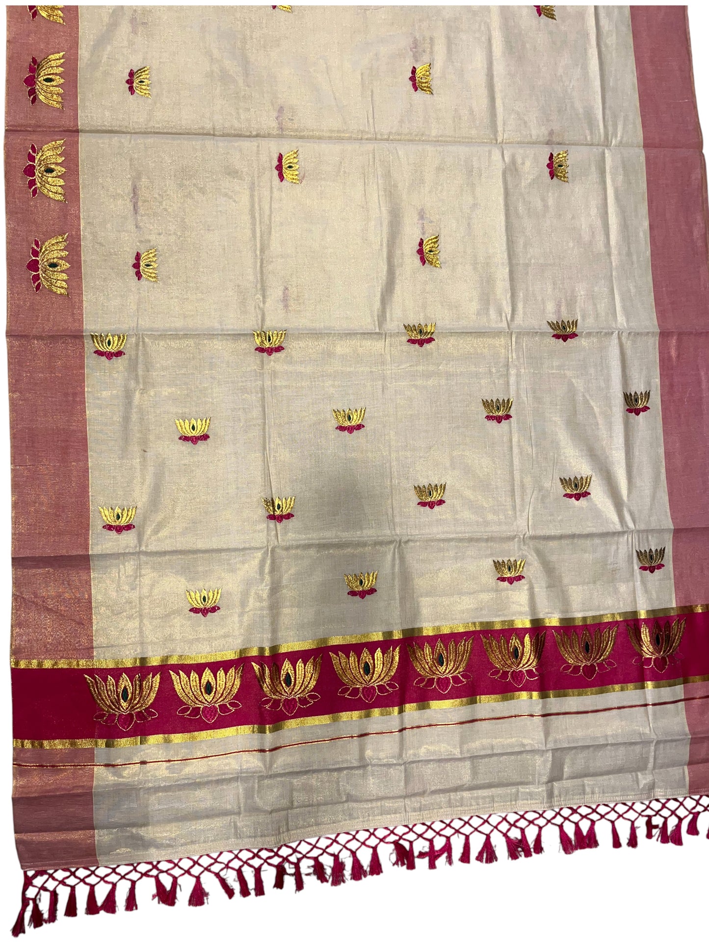 Southloom Kerala Tissue Kasavu Saree with Magenta And Golden Lotus Embroidary Works on Body