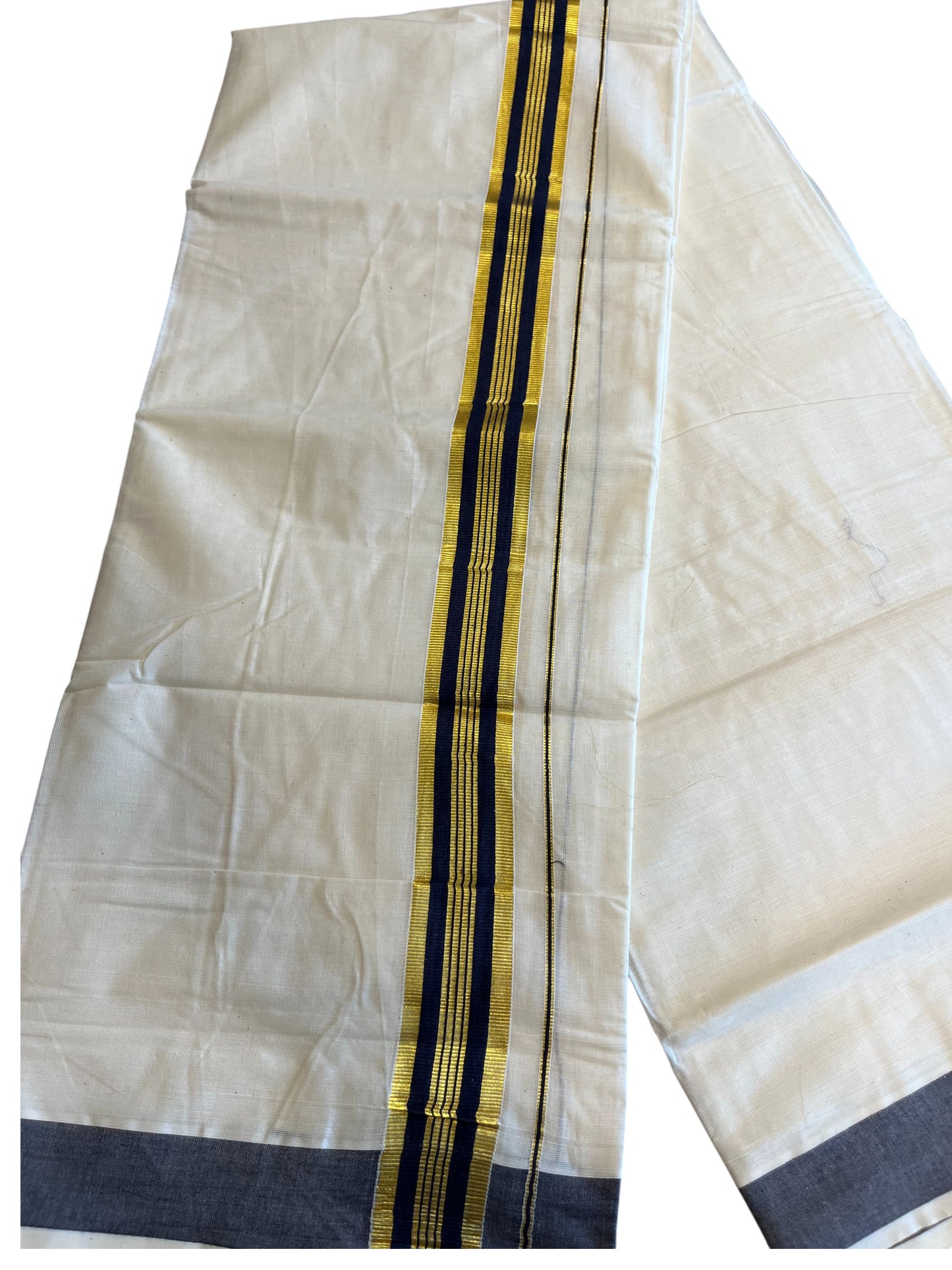 Southloom Pure Cotton Mundu with Gold Kasavu and  Dark Blue Border (South Indian Kerala Dhoti)