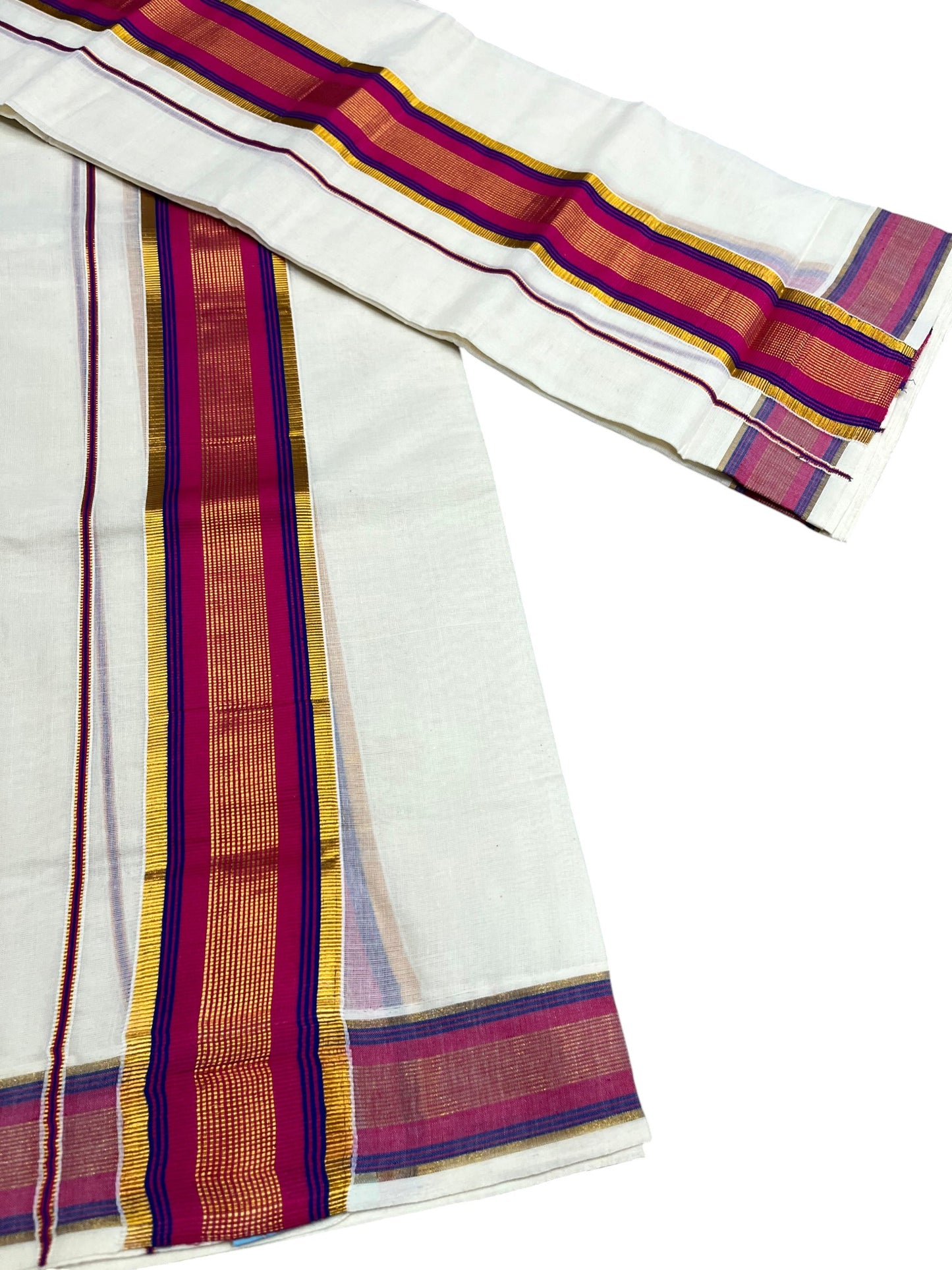 Kerala Cotton Set Mundu (Mundum Neriyathum) with Kasavu and Dark Pink& Blue Border in 2.80 Mtrs SLKK SL470