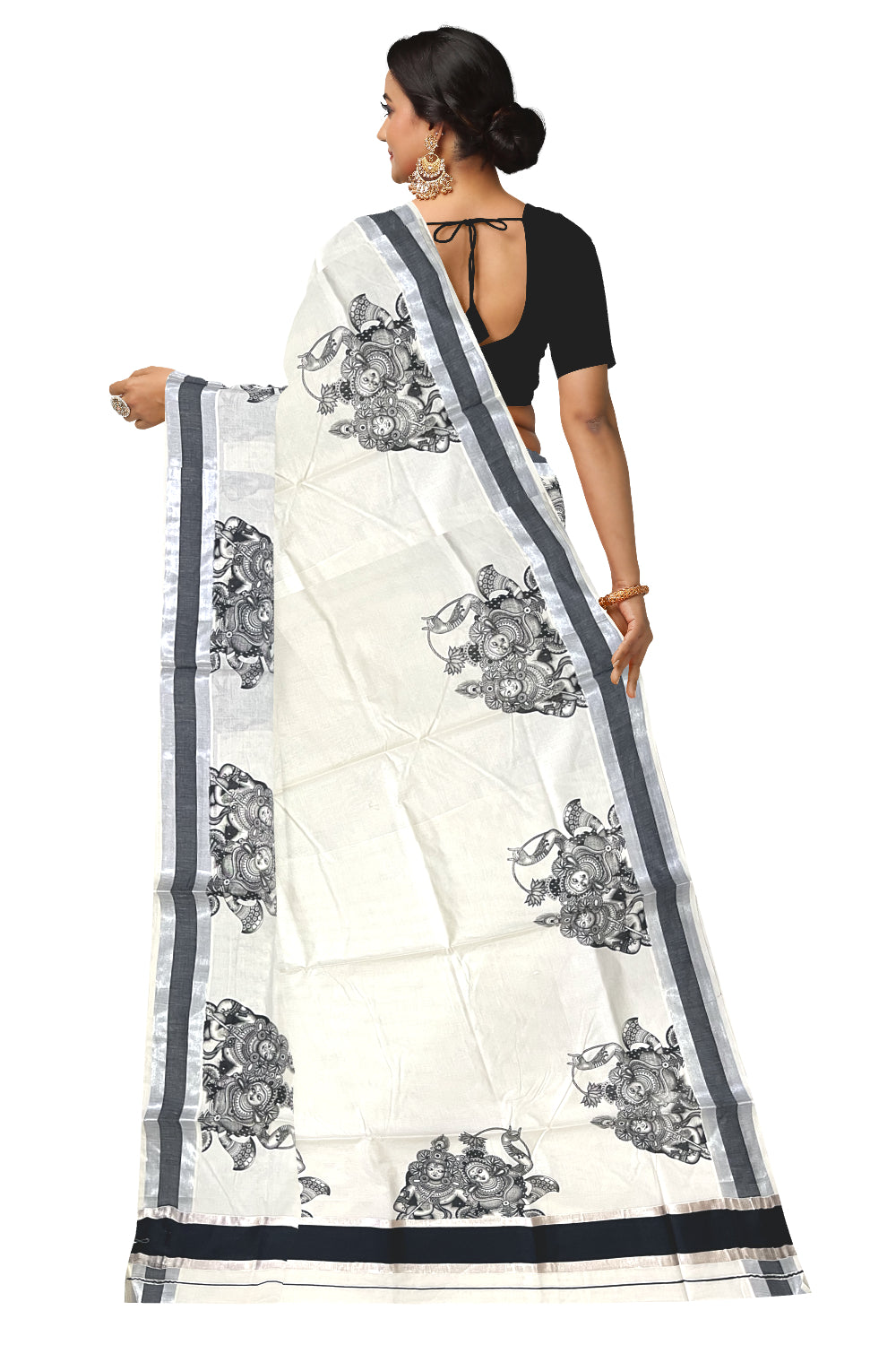 Pure Cotton Kerala Silver Kasavu Saree with Krishna Radha Mural Prints and Black Border (Onam Saree 2023)