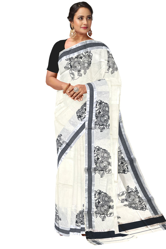 Pure Cotton Kerala Silver Kasavu Saree with Krishna Radha Mural Prints and Black Border (Onam Saree 2023)