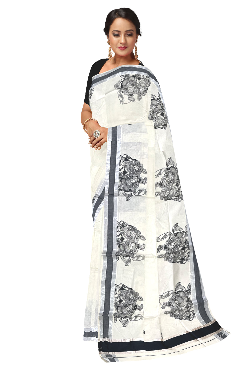 Pure Cotton Kerala Silver Kasavu Saree with Krishna Radha Mural Prints and Black Border (Onam Saree 2023)