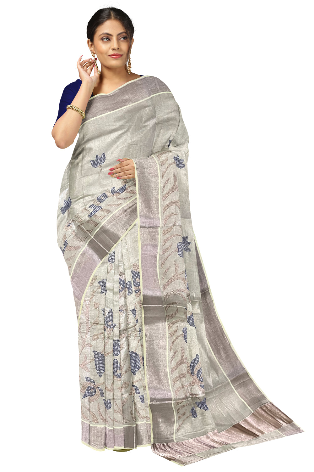 Kerala Rose Copper Tissue Kasavu Saree with Blue Embroidery Works on Body