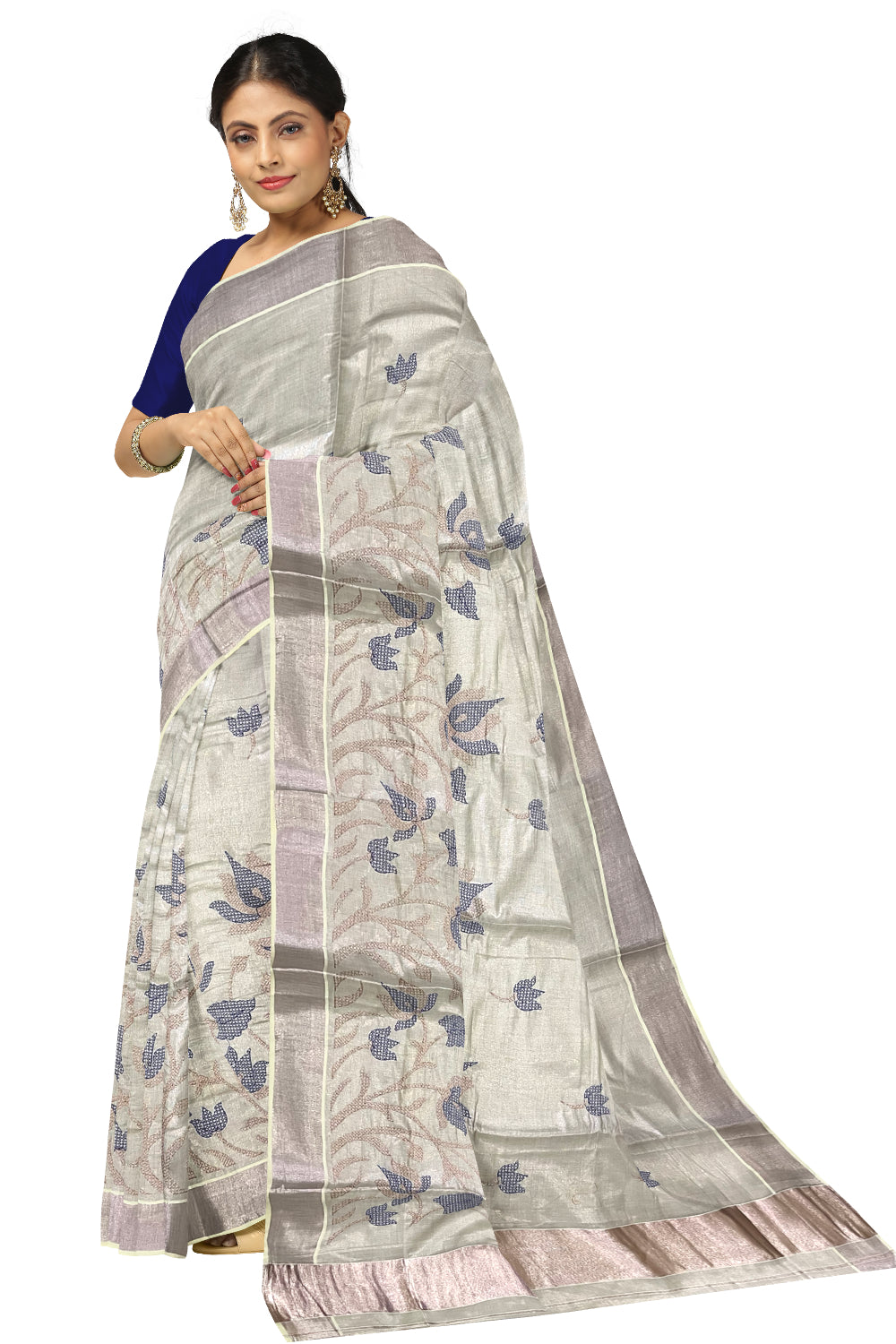 Kerala Rose Copper Tissue Kasavu Saree with Blue Embroidery Works on Body