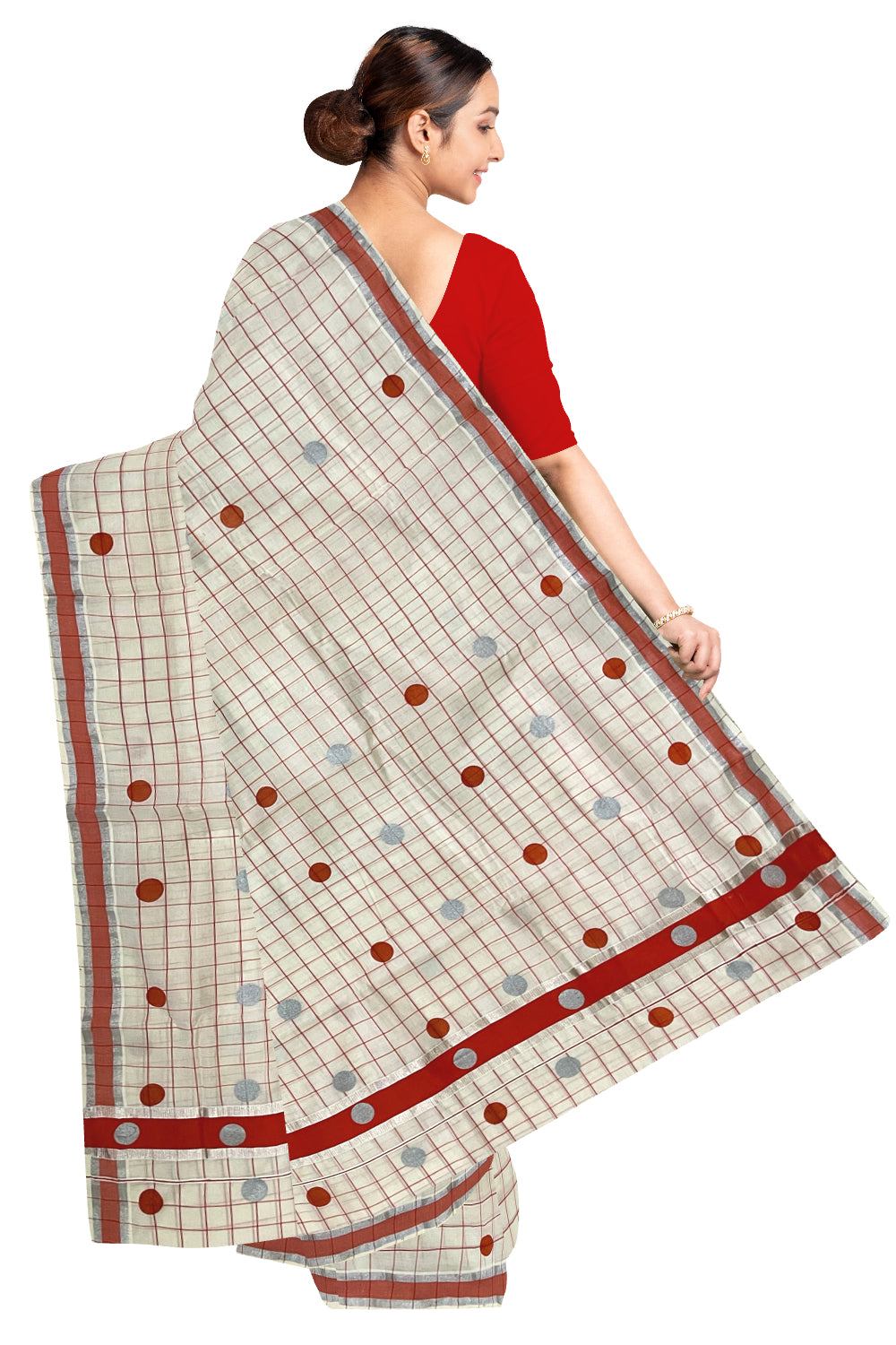 Kerala Pure Cotton Check Designs Saree with Silver and Orange Polka Prints