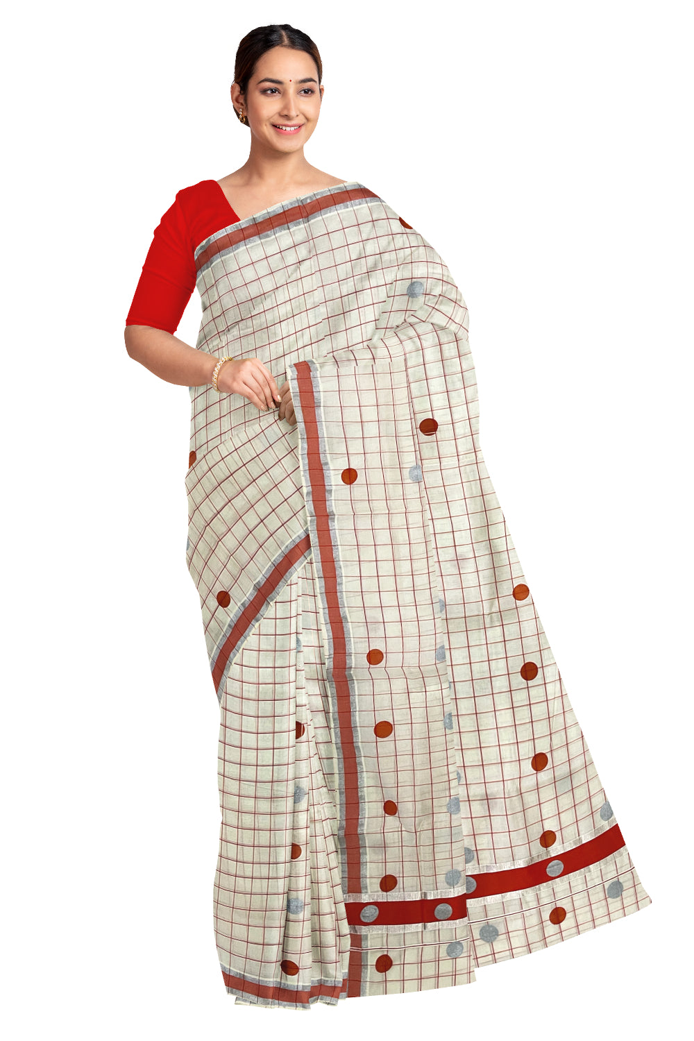 Kerala Pure Cotton Check Designs Saree with Silver and Orange Polka Prints