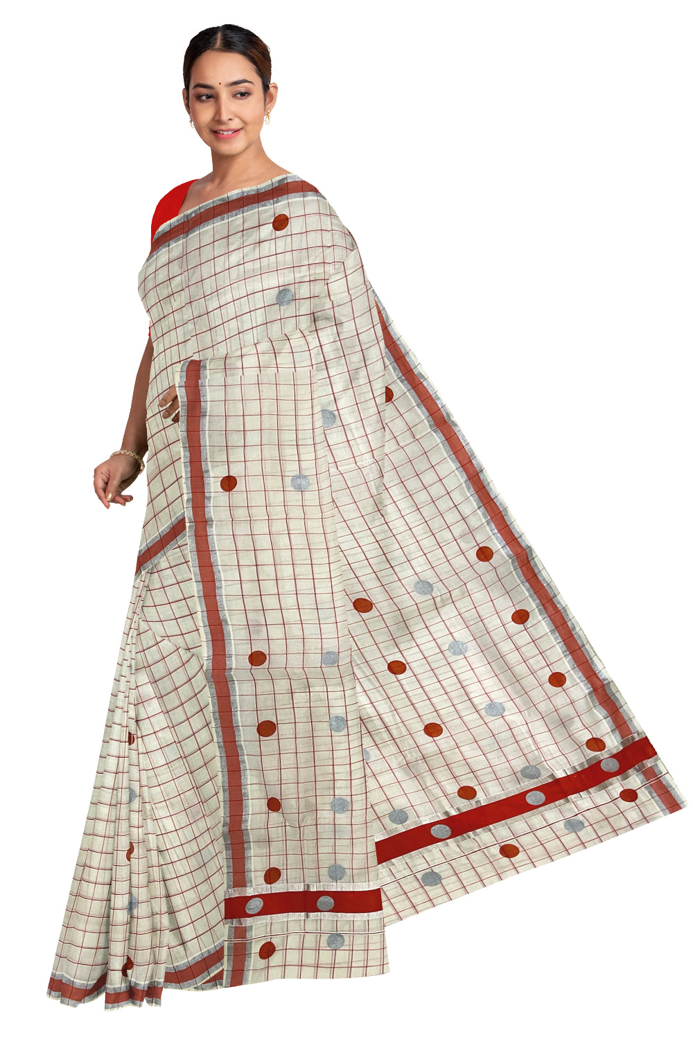 Kerala Pure Cotton Check Designs Saree with Silver and Orange Polka Prints