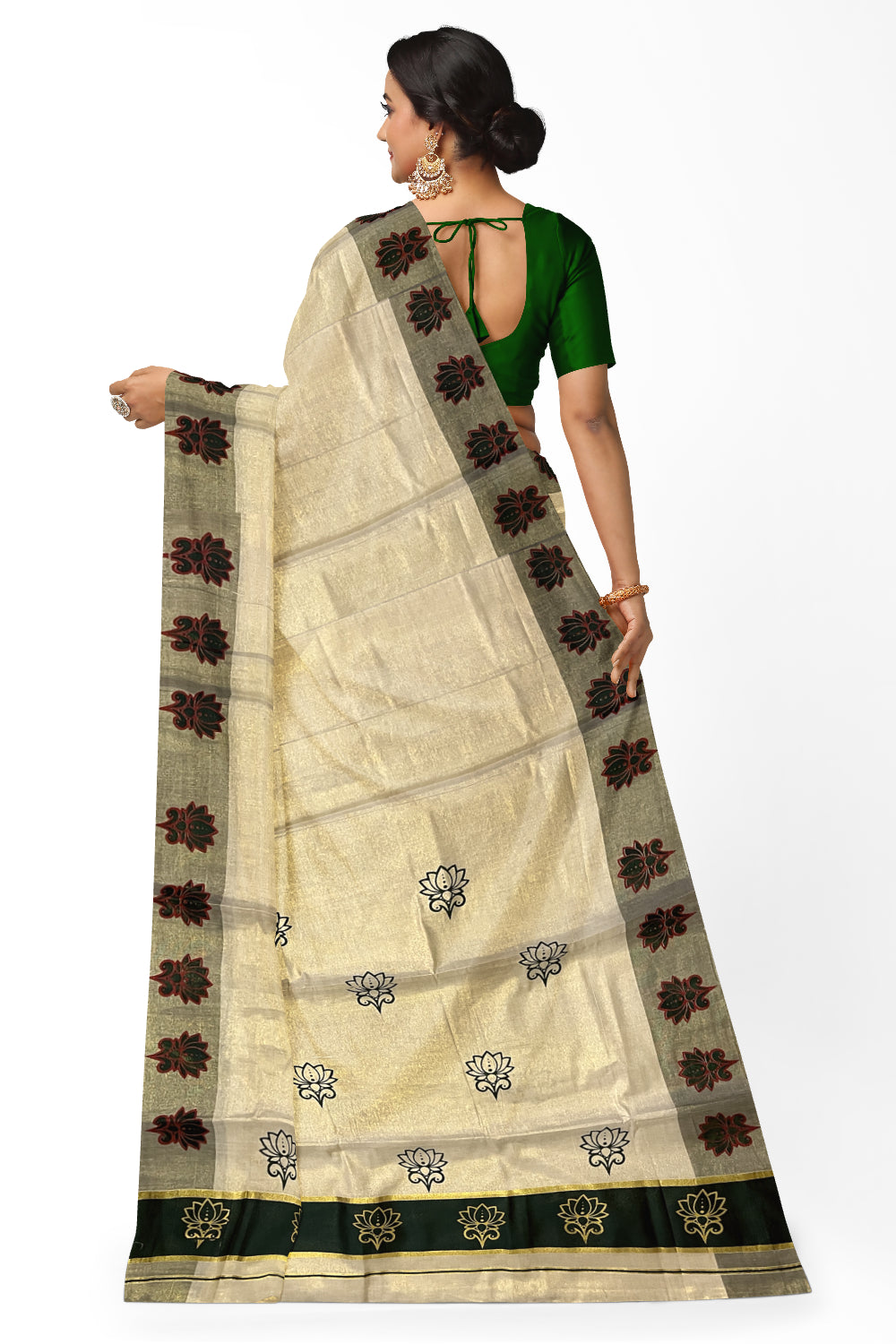 Kerala Tissue Kasavu Saree with Green and Golden Block Prints and Green Border