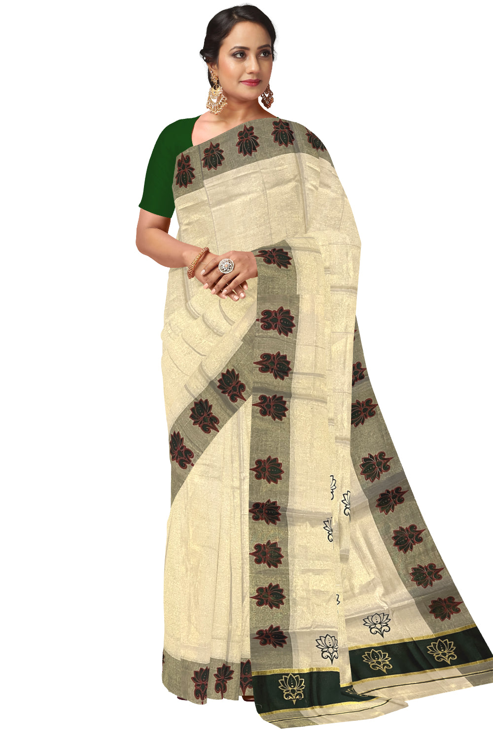 Kerala Tissue Kasavu Saree with Green and Golden Block Prints and Green Border