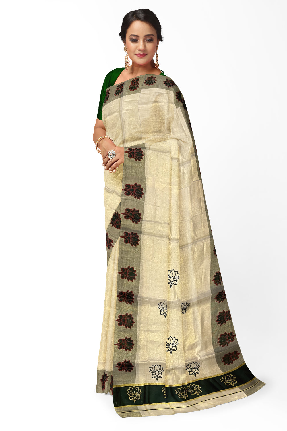 Kerala Tissue Kasavu Saree with Green and Golden Block Prints and Green Border