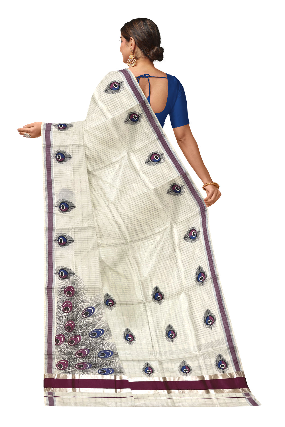 Pure Cotton Kerala Saree with Silver Kasavu Checks and Feather Block Prints on Purple Border