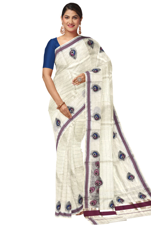 Pure Cotton Kerala Saree with Silver Kasavu Checks and Feather Block Prints on Purple Border