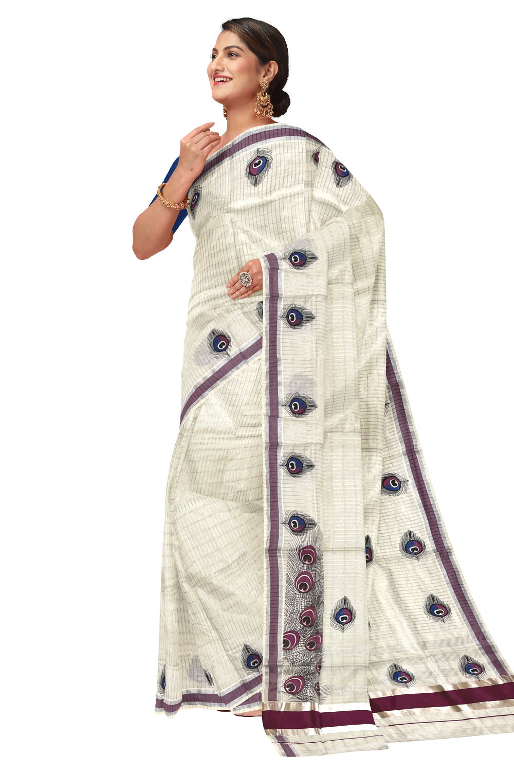 Pure Cotton Kerala Saree with Silver Kasavu Checks and Feather Block Prints on Purple Border