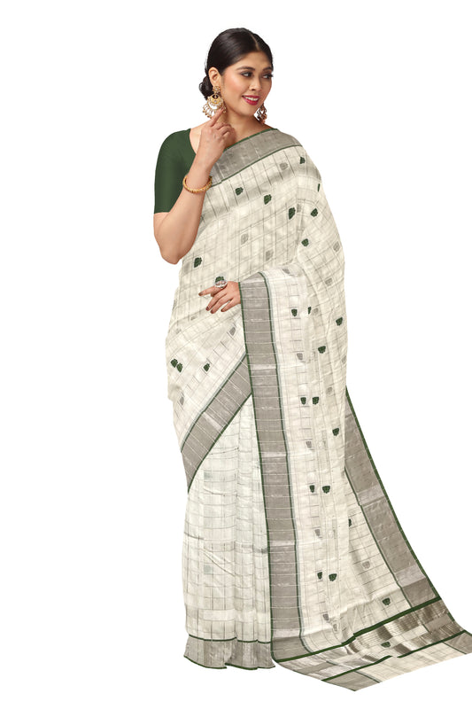 Southloom™ Premium Handloom Kerala Silver Kasavu Check Design Saree with Green Lotus Woven Works