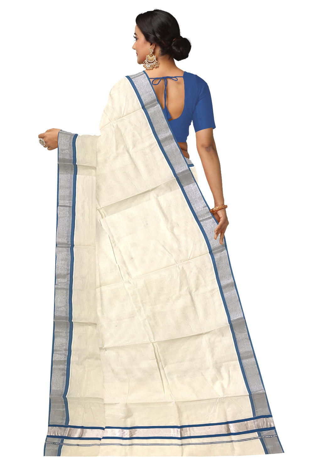 Kerala Pure Cotton Plain Saree with Silver Kasavu and Blue Border