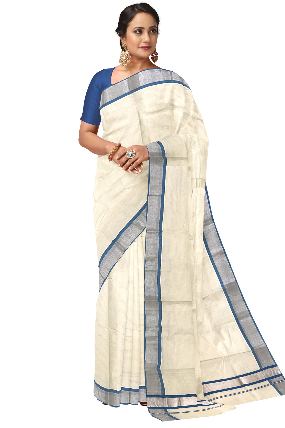 Kerala Pure Cotton Plain Saree with Silver Kasavu and Blue Border