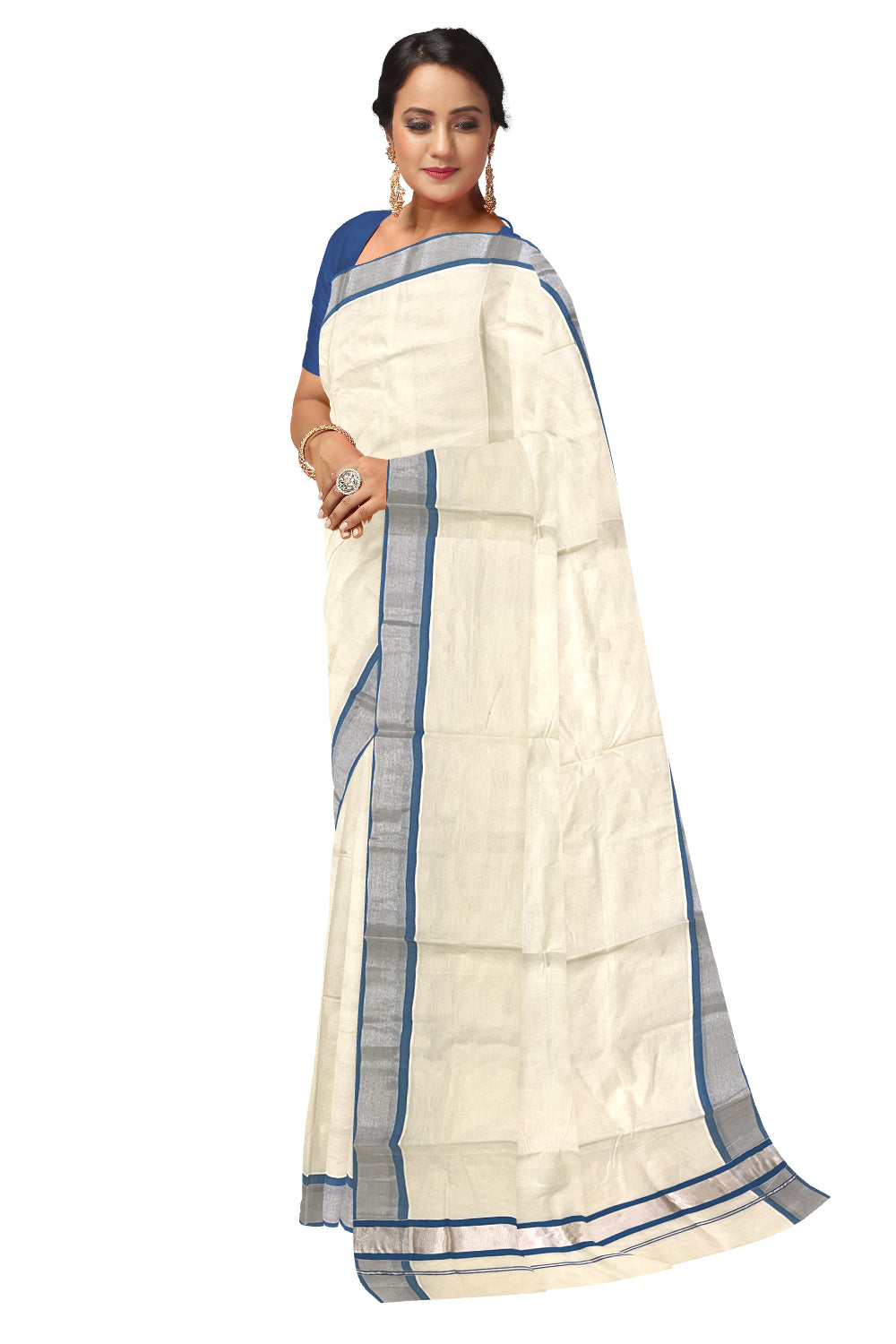 Kerala Pure Cotton Plain Saree with Silver Kasavu and Blue Border