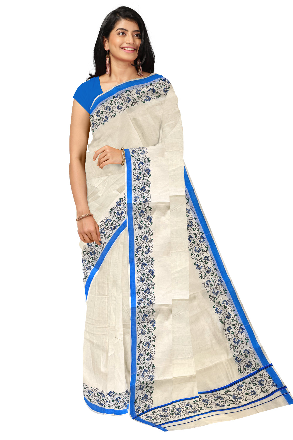 Pure Cotton Kerala Saree with Floral Block Prints and Blue Border